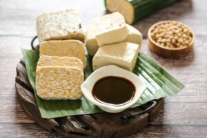 Soy-based high protein foods for vegetarian diet, tofu and tempeh
