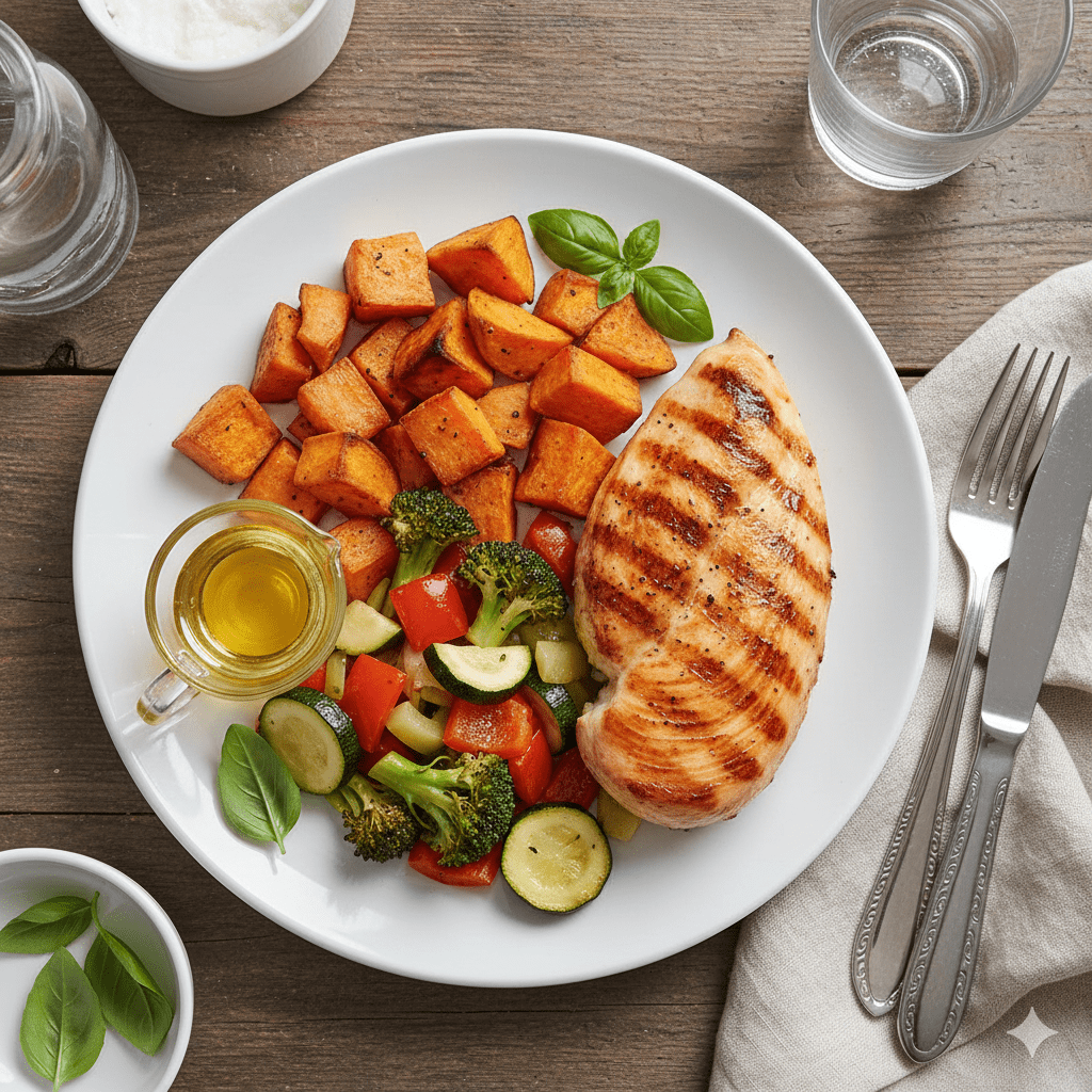 Omad diet 7 day meal plan for weight loss Grilled chicken (200g), roasted sweet potato, mixed veggies, olive oil dressing